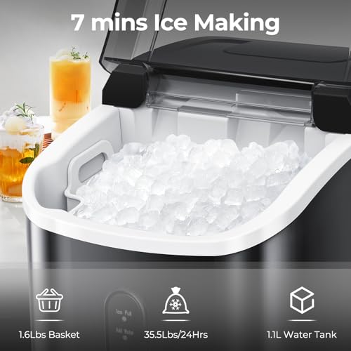 Countertop Nugget Ice Maker Producing Smooth Chewable Pellets in Simply 7 Minutes, 35.5 lbs of Ice per Day, Pebble Ice Machine with Self-Cleansing Perform, Ice Basket, and Scoop