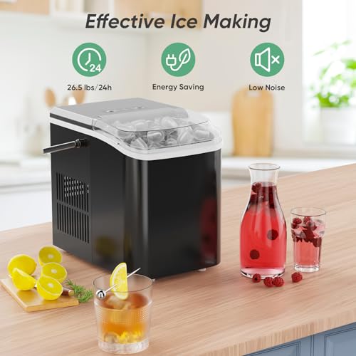 DUMOS Moveable Countertop Ice Maker - Self-Cleansing Ice Machine Producing 9 Ice Cubes in 6 Minutes, 26.5 lbs per 24 Hours, Contains Ice Scoop, Basket & Deal with, Creates Two Sizes...