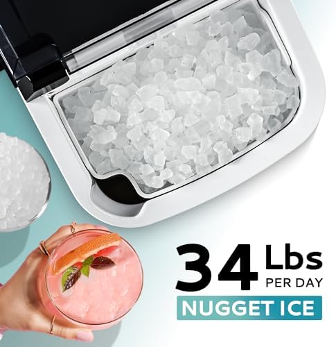 EUHOMY Moveable Countertop Nugget Ice Maker with Deal with, Produces Ice in 6 Minutes, 34lbs Every day Capability, Detachable Prime Cowl, Self-Cleansing Characteristic, Consists of Basket and Scoop