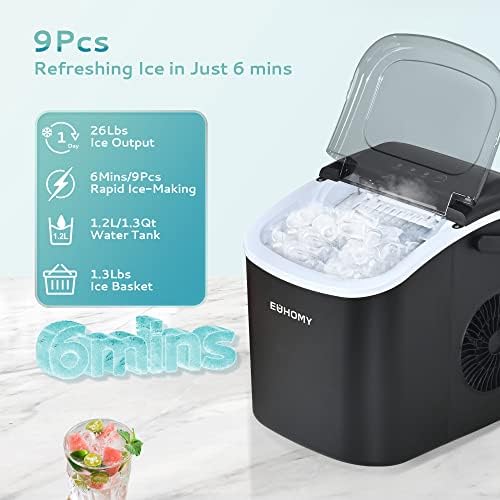 EUHOMY Moveable Ice Maker with Deal with - Produces 26lbs of Ice in 24 Hours, 9 Ice Cubes Prepared in 6 Minutes, Options Auto-Cleansing, Consists of Basket and Scoop, Supreme for