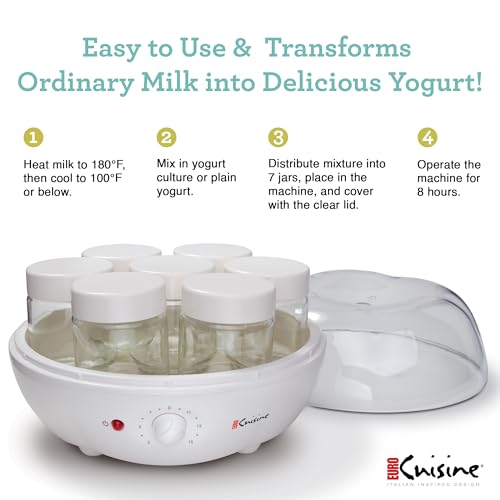 Euro Delicacies YM100 Electrical Yogurt Maker with 7 Glass Jars (6 oz every), 15-Hour Timer, Auto Shut-Off, and Intestine Well being Advantages