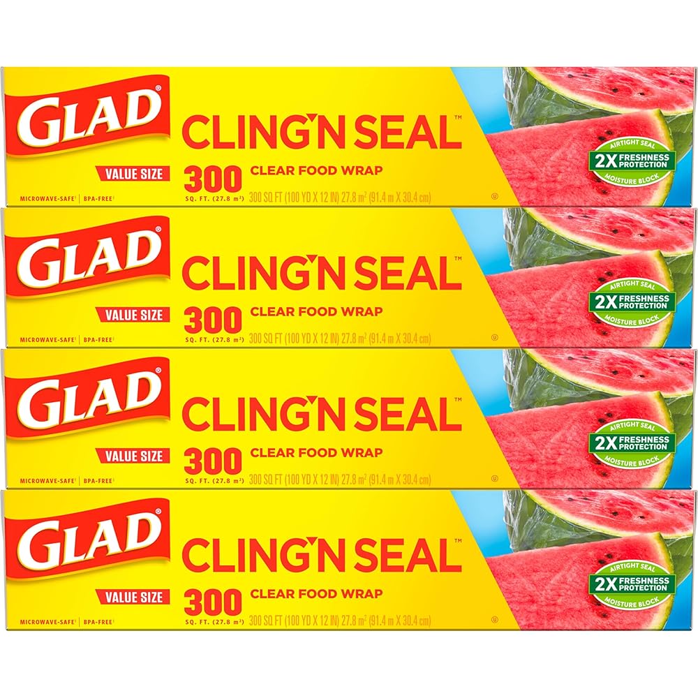 Glad Cling N Seal Plastic Meals Wrap, 300 Sq Ft Roll – 4 Pack (Packaging Might Differ)