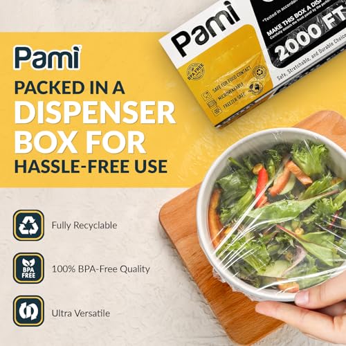 PAMI Secure Cling PE Meals Wrap (12" x 2000ft) - BPA-Free Clear Plastic Movie with Dispenser Field - Meals Secure, Microwave & Freezer Secure Stretch Wrap Roll for