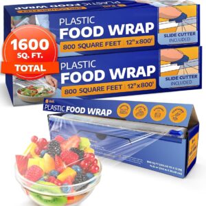 Reli Plastic Meals Wrap (12″ x 1600 SQ FT Complete) Cling Movie with Slide Cutter (2 Rolls – 12″ x 800′) | Kitchen Plastic Wrap | Meals Storage Cling Movie