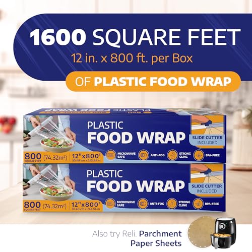 Reli Plastic Meals Wrap (12" x 1600 SQ FT Complete) Cling Movie with Slide Cutter (2 Rolls - 12" x 800') | Kitchen Plastic Wrap | Meals Storage Cling Movie