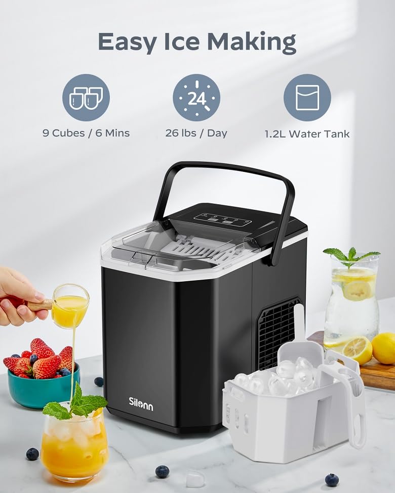 Silonn Transportable Countertop Ice Maker with Carry Deal with, Self-Cleansing Perform, Contains Basket and Scoop, Produces 9 Ice Cubes in 6 Minutes, 26 lbs Every day Capability, Good for...