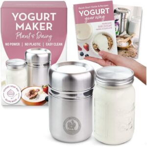 Stainless Metal Yogurt Maker with 1-Quart Glass Jar and Complete Recipe E book for 12+ Easy Selfmade Dairy-Free and Milk Yogurts